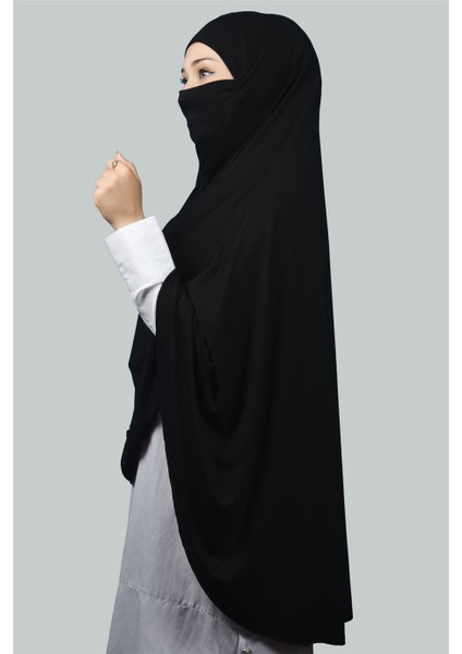 Hazır Türban Peçeli Pratik Eşarp Tesettür Nikaplı Hijab - Namaz Örtüsü Sufle (5Xl) - Siyah