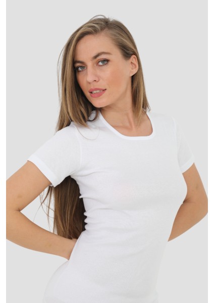 Kadın Beyaz Tişört Kısa Kollu Fanila %100 Pamuklu Ribana