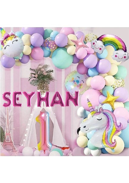 6 Harfli Yaş Seçenekli Gökkuşağı Konseptli Unicorn Temalı Makaron Balon Doğum Günü Parti Kutlama Seti - 5 Yaş