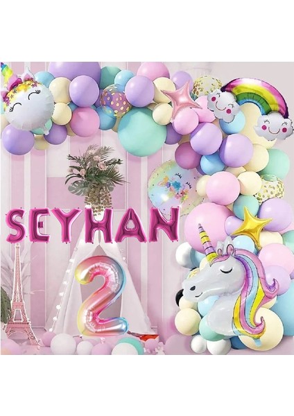 6 Harfli Yaş Seçenekli Gökkuşağı Konseptli Unicorn Temalı Makaron Balon Doğum Günü Parti Kutlama Seti - 5 Yaş