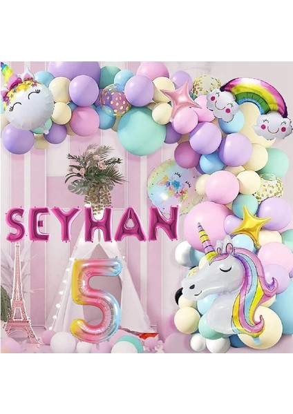 6 Harfli Yaş Seçenekli Gökkuşağı Konseptli Unicorn Temalı Makaron Balon Doğum Günü Parti Kutlama Seti - 5 Yaş