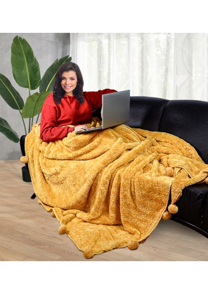 Ayıcı Oyuncak Ponponlu 200X220 cm Pelüş Tv Battaniyesi
