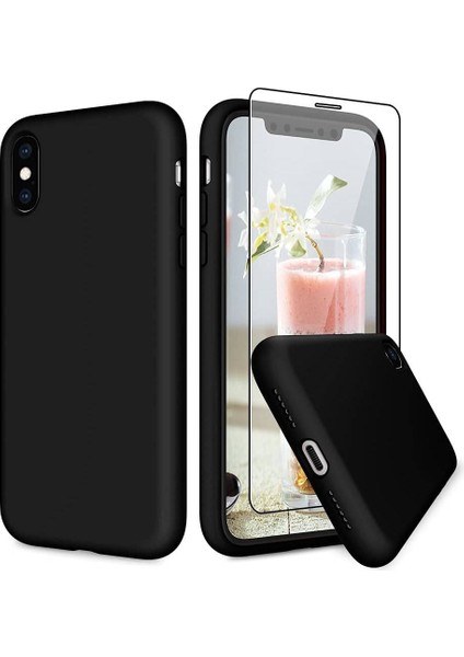 iPhone x / Xs Rubber Silikon Kılıf & Temperli Cam Ekran Koruyucu Seti (Siyah)
