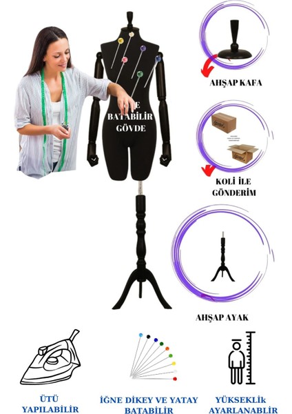 Full Iğne Batabilen 38 Beden Ahşap Kollu Pantolon Giyebilen Prova Mankeni Vitrin Mankeni An-01 fiyatları
