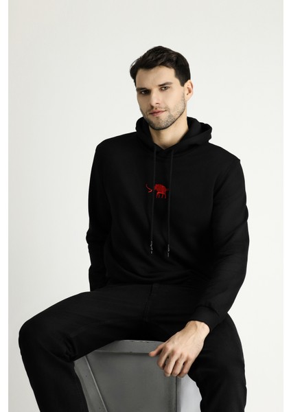 Kapüşonlu Nakışlı Pamuklu Sweatshirt