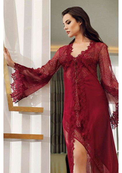 Imaj 5200 Bordo Renk Saten Dantel Asimetrik 2li Gecelik Takımı fırsatları