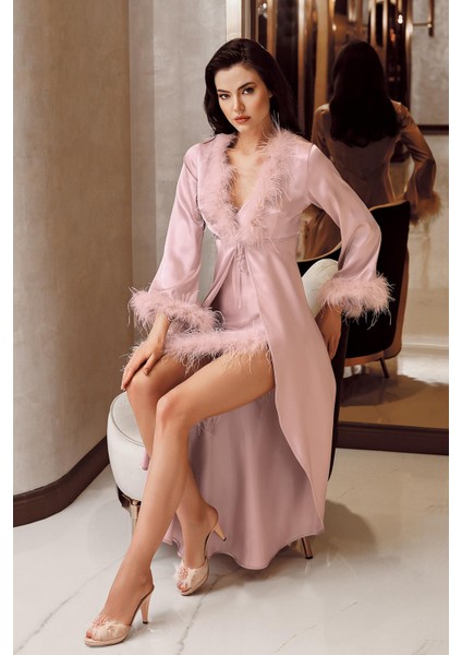 Imaj 4225 Pudra Renk Saten Otrişli Uzun 2li Gecelik Takımı