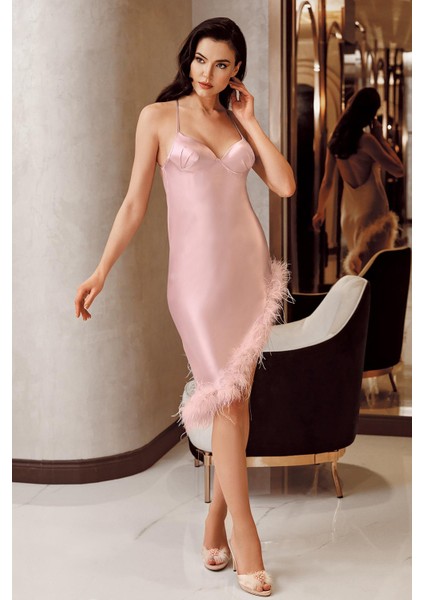 Imaj 4225 Pudra Renk Saten Otrişli Uzun 2li Gecelik Takımı fiyatları