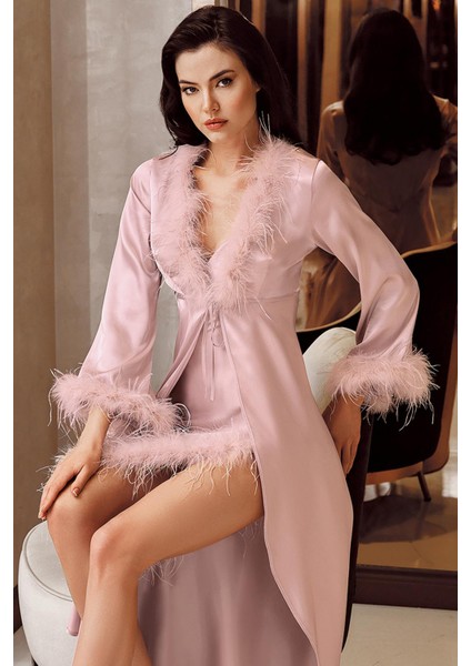 Imaj 4225 Pudra Renk Saten Otrişli Uzun 2li Gecelik Takımı fırsatları