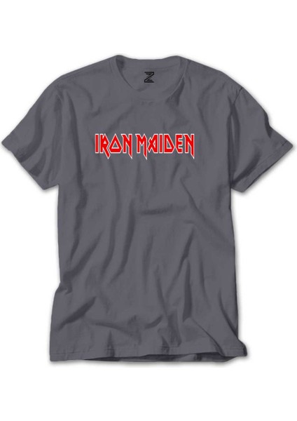 Iron Maiden Red Text Gri Tişört