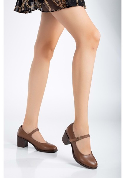 Kadın Deri Bantlı Topuklu Ayakkabı - Ceviz