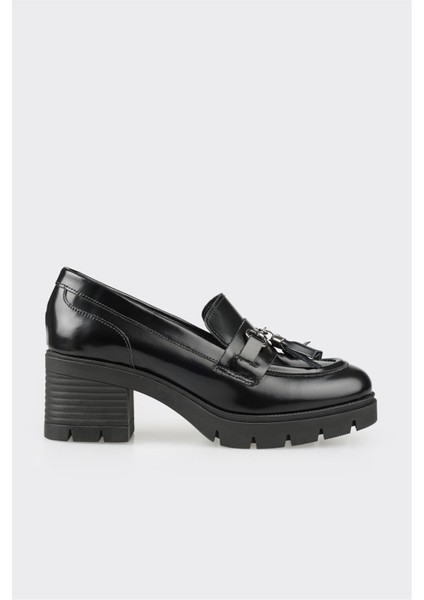 Siyah Deri Kadın Orta Topuk Ayakkabı