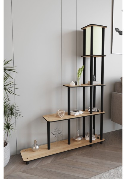 Escaleras Raflı Kitaplık Lambader Meşe