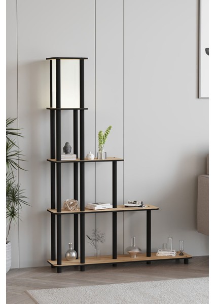Escaleras Raflı Kitaplık Lambader Meşe