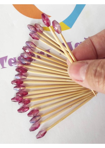 100 Adet Dekoratif Mürdüm Arpa Boncuklu Pasta Kürdanı 6,5 cm - Süslü Kanepe Kürdanı