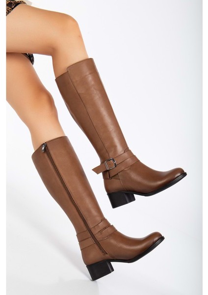 Kadın Deri Tokalı Kalın Topuklu Çizme - Ceviz fiyatları
