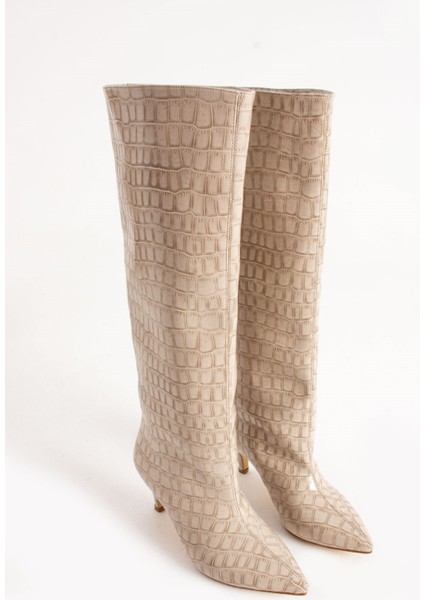 Style Krem Kroko Kadın Topuklu Çizme modelleri