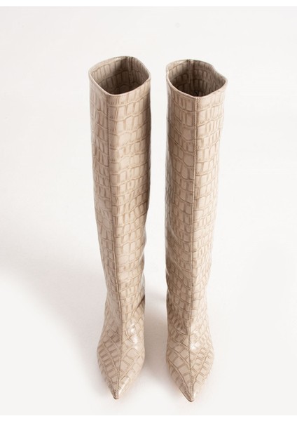 Style Krem Kroko Kadın Topuklu Çizme fırsatları
