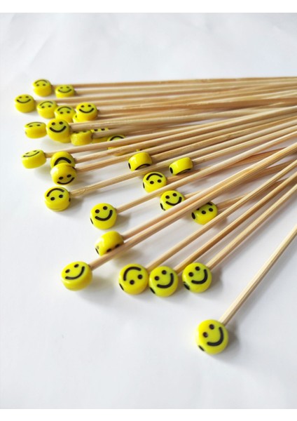 15 cm Uzun Kürdan - 30 Adet Smile Gülücük Boncuklu Pasta Kürdanı - Smile 8 mm
