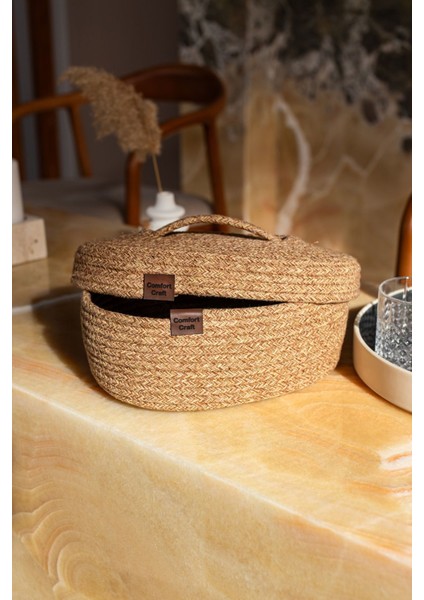 Jüt Hasır Oval Kapaklı Sepet | El Dokuma Çok Amaçlı Sepet | Banyo ve Mutfak Organizeri