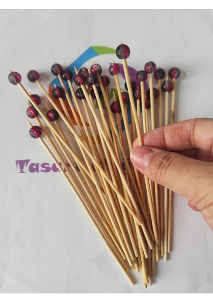 15 cm Uzun Kürdan - 30 Adet Bordo Siyah Boncuklu Kokteyl Karıştırıcı - Inci 10 mm