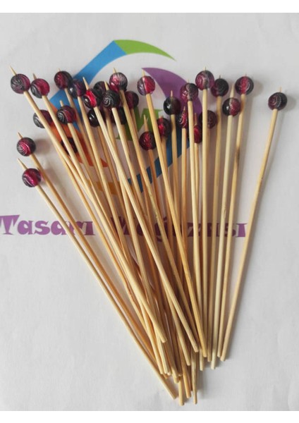 15 cm Uzun Kürdan - 30 Adet Bordo Siyah Boncuklu Kokteyl Karıştırıcı - Inci 10 mm modelleri