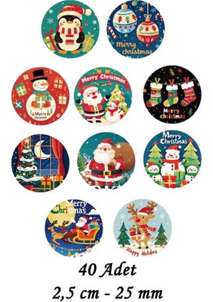 80 Adet 2,5 cm Renkli Merry Christmas Baskılı Etiket Sticker - Yılbaşı Paketi Etiketi