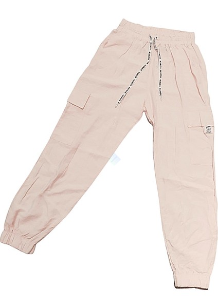 Kız Çocuk Pudra Pembe Lastikli Bel Komando Cepli Pantolon 9-10 Yaş - Pudra-Pembe