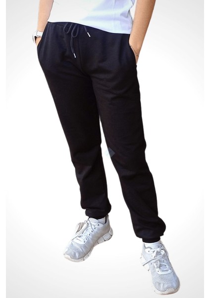 Unisex Çocuk Siyah Beli Lastikli Cepli Şardonlu Eşofman Altı 7-8 Yaş - Siyah