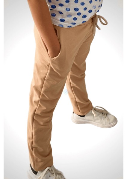 Unisex Çocuk Beli Lastikli Cepli Jogger Eşofman Altı Bej Renk 7-8 Yaş - Bej