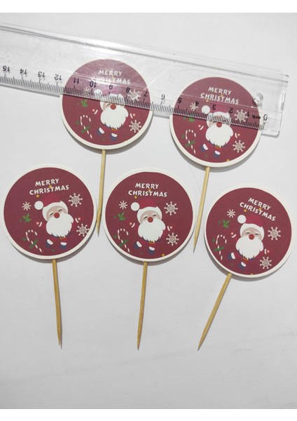 30 Adet Dekoratif Yuvarlak Bayraklı Merry Christmas Baskılı Yılbaşı Kürdanı 6,5 cm