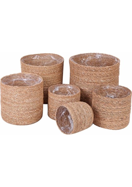 6'lı Hasır Sepet Hasır Poşetli Dekoratif Saksılık