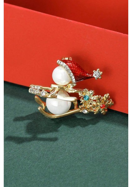 Yılbaşı Kayaklı Inci Süslü Kardanadam Broş Yaka Iğnesi