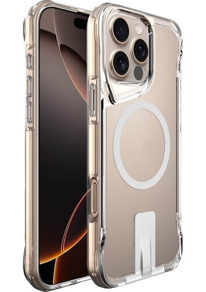 Apple iPhone 16 Pro Max Kılıf Pürüzsüz Sert Silikon Magsafeli T-Max Standlı Şeffaf