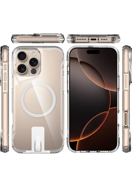 Apple iPhone 16 Pro Max Kılıf Pürüzsüz Sert Silikon Magsafeli T-Max Standlı Şeffaf