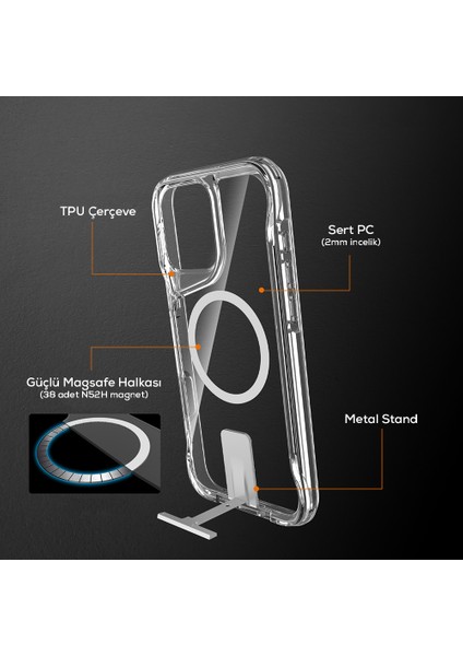 Apple iPhone 16 Pro Max Kılıf Pürüzsüz Sert Silikon Magsafeli T-Max Standlı Şeffaf
