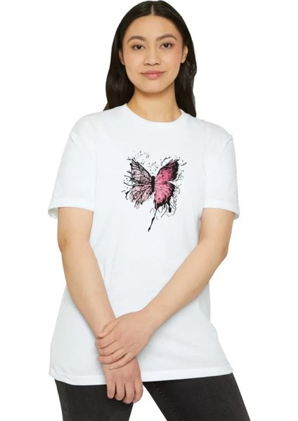 Unisex Bisiklet Yaka Baskılı T-Shirt - Beyaz