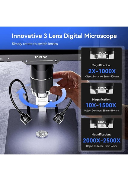 TRIL110 10.1 Inc -  3 Lens 2k HDMI Dijital Mikroskop 2500X