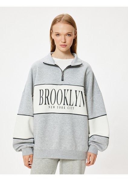 Oversize Sweatshirt Yarım Fermuarlı Kolej Baskılı Renk Bloklu Şardonlu