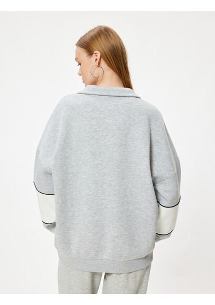 Oversize Sweatshirt Yarım Fermuarlı Kolej Baskılı Renk Bloklu Şardonlu