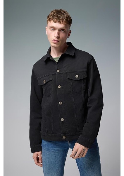 Mark Oversize Geniş Kesim Renkli Jean Ceket - Siyah