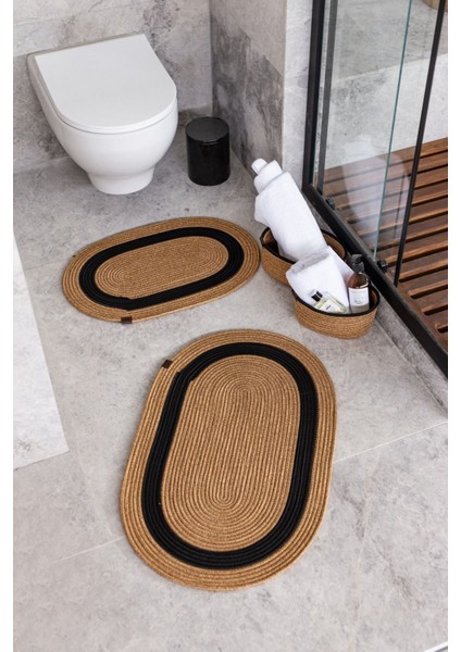 Hasır 4 Parça Banyo Takımı | Oval Sepet, Paspas ve Dekor Seti | Kahverengi-Siyah