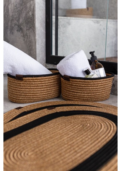 Hasır 4 Parça Banyo Takımı | Oval Sepet, Paspas ve Dekor Seti | Kahverengi-Siyah fiyatları