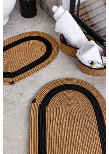 Hasır 4 Parça Banyo Takımı | Oval Sepet, Paspas ve Dekor Seti | Kahverengi-Siyah modelleri