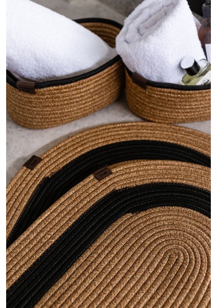 Hasır 4 Parça Banyo Takımı | Oval Sepet, Paspas ve Dekor Seti | Kahverengi-Siyah fırsatları