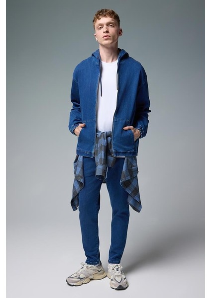 David Dark Blue Kapüşonlu Önü Fermuarlı Jean Ceket - Dark Blue