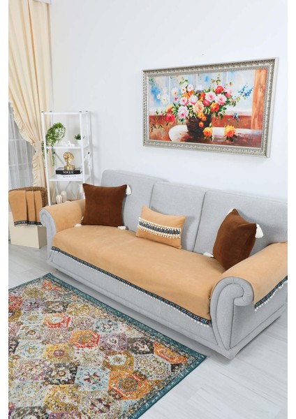 Şerit Desen ve Ponponlu Kaymaz Polar Koltuk Örtüsü 90 x 200 cm ,KO-36