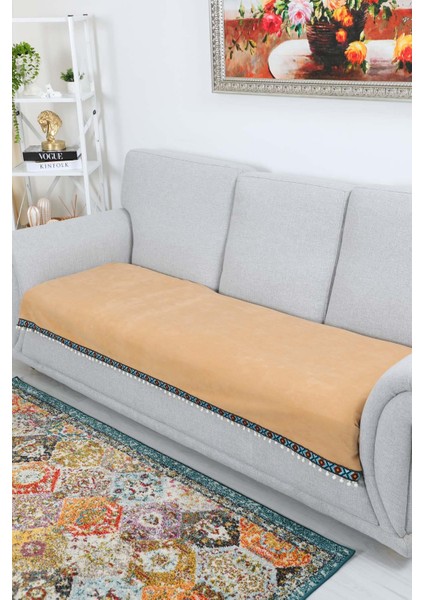 Şerit Desen ve Ponponlu Kaymaz Polar Koltuk Örtüsü 90 x 200 cm ,KO-36