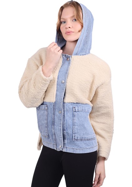 9063 Kapüşonlu Kot Detay Peluş Mont Taş