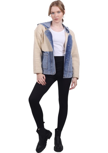 9063 Kapüşonlu Kot Detay Peluş Mont Taş fiyatları